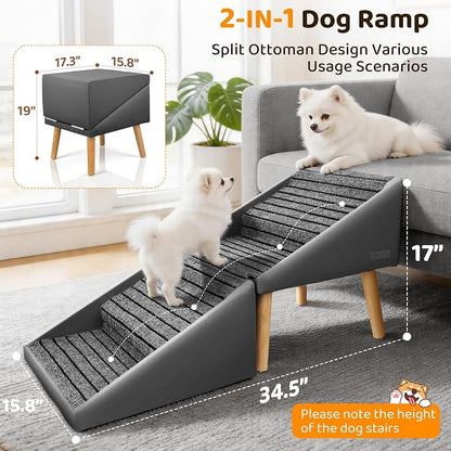 Dog Stairs for Small, Medium, Large Dogs & Cats, 17" H 4‑Step Foldable 2‑in‑1 Wooden Pet Steps with Split Ottoman Design, Non‑Slip Dog Ramp for Couch Bed Sofa for Puppy Senior Injured Pets
