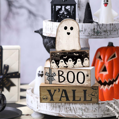 Lineshading 4 Pcs Halloween Table Decoration Wooden Ghost Tiered Tray Decoration Rustic Wood Ghost Block Signs Gift Halloween Centerpiece Farmhouse for Home Tabletop Kitchen Shelf