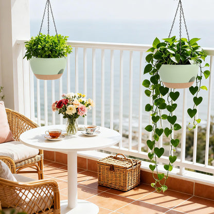SQKH 8 Inch Hanging Planters for Indoor Outdoor Plants, 4 Pack Green Brown Plastic Self Watering Hanging Baskets with Drainage Holes and Chain for Garden Porch