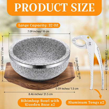Lallisa 2 Set Dolsot Bibimbap Stone Bowl with Wood Base and Aluminum Tongs Dolsot Pot Stone Bowls Sizzling Hot Pot for Korean Restaurants, Soup, Rice, Stew(32 oz)