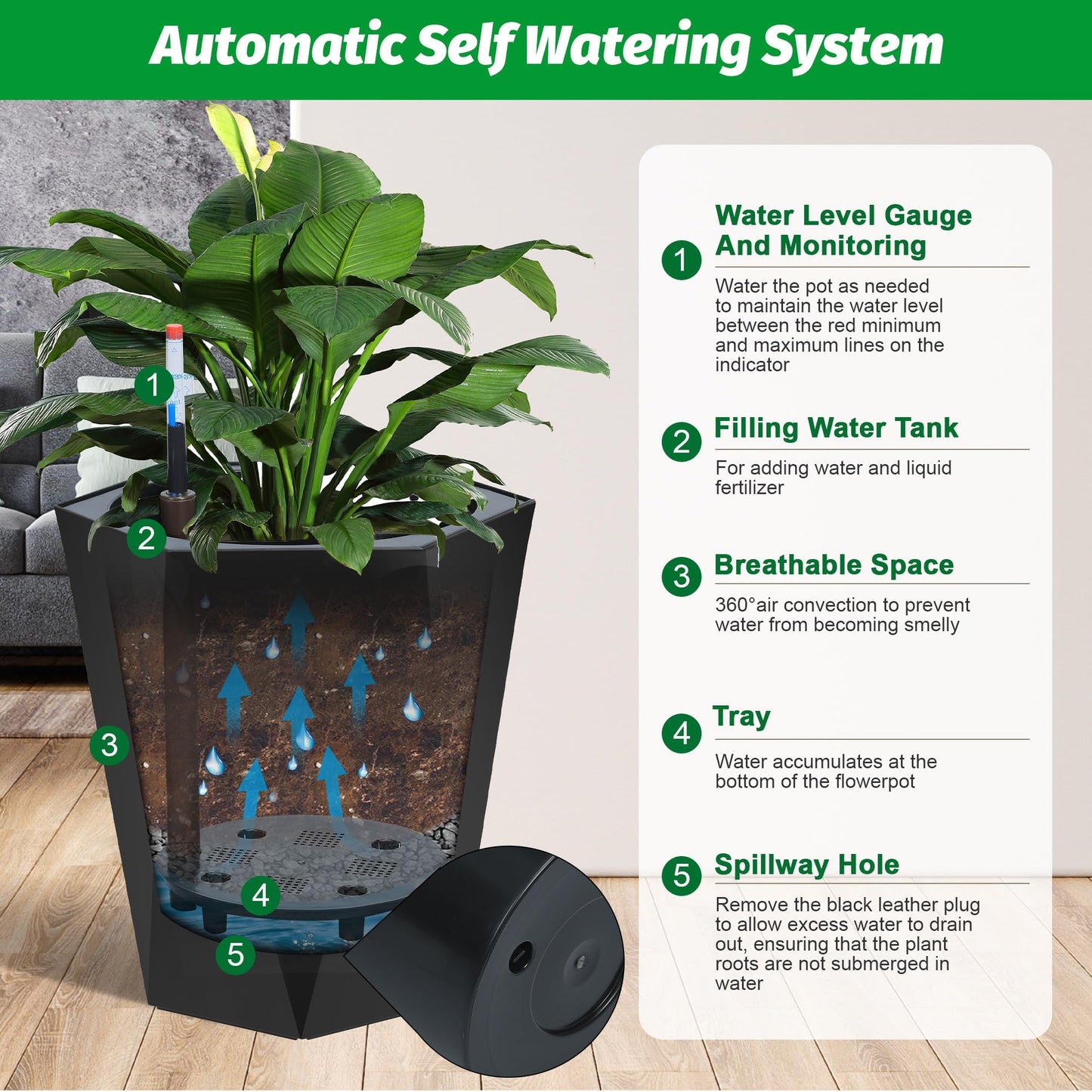 IDEALHOUSE 16" Tall Planters, Self-Watering Planters with Water Level Monitor and Drainage Hole, Large Outdoor Planters for Living Room, Bedroom Office, Patio, Porch, Garden, Set of 2