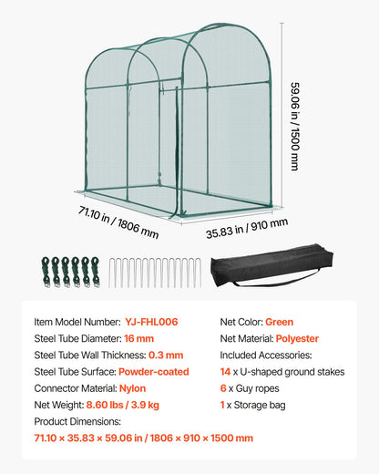 VEVOR Crop Cage, 5.9 x 2.98 x 4.9 ft Plant Protection Tent with Zippered Door, Wind-Resistant Tall Crop Cage, Easy to Install, Outdoor Raised Bed Cover with Frame, Plant Netting for Garden Patio Lawn