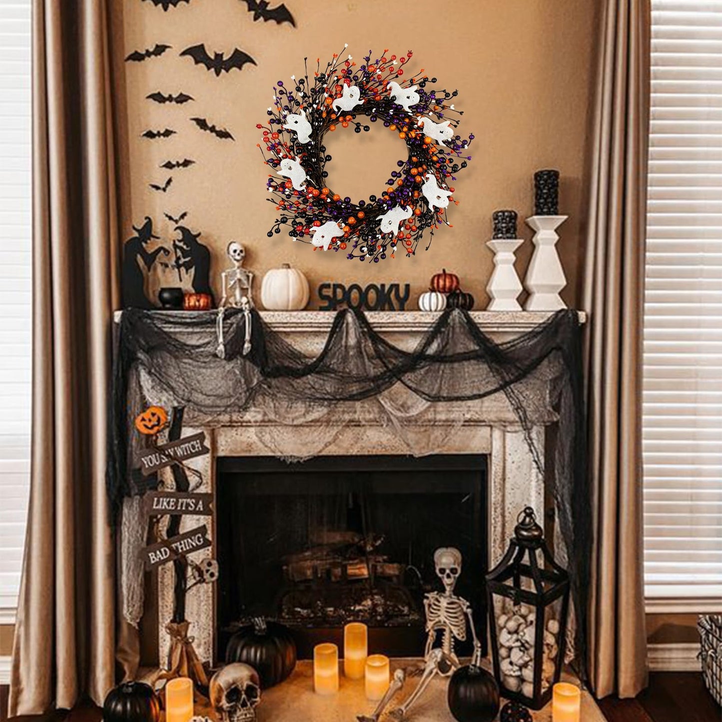 MG MagicGarden 20-Inch Halloween Wreath - Handmade Orange & Black Berry Wreath with Adorable Mini Ghosts, Spooky Front Door Decor for Halloween Party