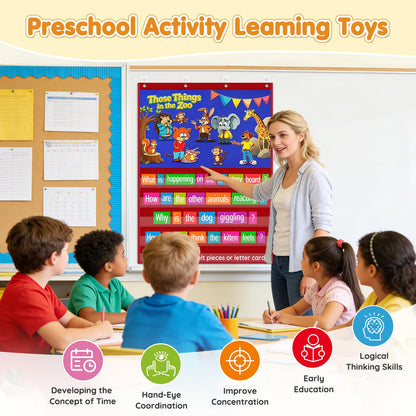 AKAYOK 2-in-1 Felt Board & Pocket Chart, 37”x28 Felt Board for Wall with 54 Self Adhesive Dots & 15 Dry Erase Sentence Strips, Flannel Boards Stories for Preschool, Early Literacy & Speech Therapy