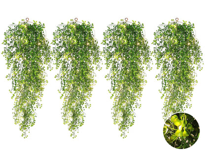 RECUTMS Pack of 4 Ferns Artificial Plants Large Artificial Hanging Plants Faux Ivy Vine Fake Greenery Wall Plants with LED Lights for Room Garden Patio Porch Bathroom Kitchen Decor (Green)