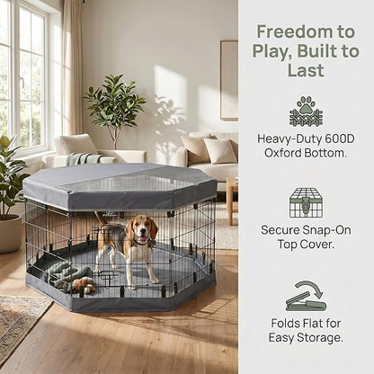 PJYuCien Dog Playpen with Top Cover and Bottom Pad - Metal Foldable Exercise Pen, 8 Panels 30" H x 24" W Indoor Outdoor Pet Fence Puppy Crate Kennel, Gray