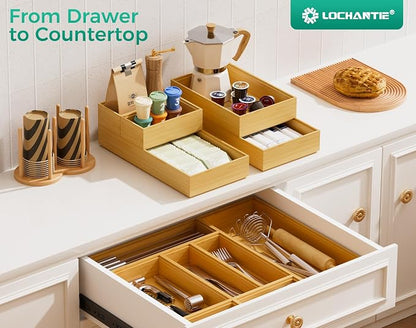 Bamboo Kitchen Drawer Organizer Boxes – 12" x 3" Stackable Wood Silverware Utensil Tray for Drawers Bins, Cutlery & Flatware Storage – Wooden Organizers Set of 2 for Junk Drawer, Bathroom, RV