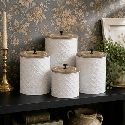 MODE HOME White Metal Kitchen Canister Set of 4 with Wooden Lids, Embossed Fish Scale Storage Containers for Coffee, Tea, Candy & Pet Treats, Farmhouse Decorative Food Jars