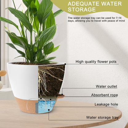 Self Watering Pots for Indoor Plants 12/10/9/8 Inch Large Plastic Self Watering Flower Pots Indoor Outdoor with Drainage Holes, Deep Reservoir,Nursery Planting Pot for Indoor Outdoor Plants White