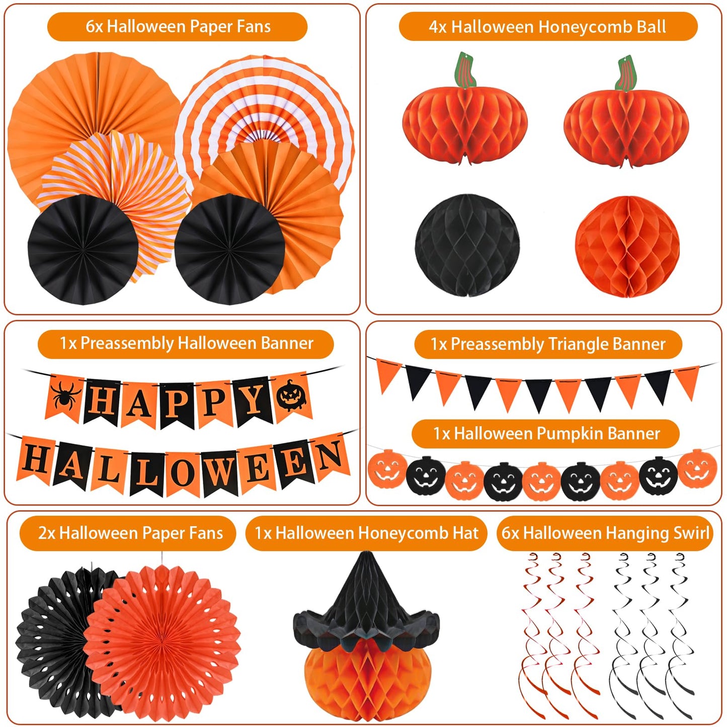AhfuLife Halloween Party Decorations - Supplies Set with Reusable Decorations, Indoor Happy Halloween Sign Banner, Pennant Banner, Paper Tissue Fan