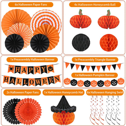 AhfuLife Halloween Party Decorations - Supplies Set with Reusable Decorations, Indoor Happy Halloween Sign Banner, Pennant Banner, Paper Tissue Fan