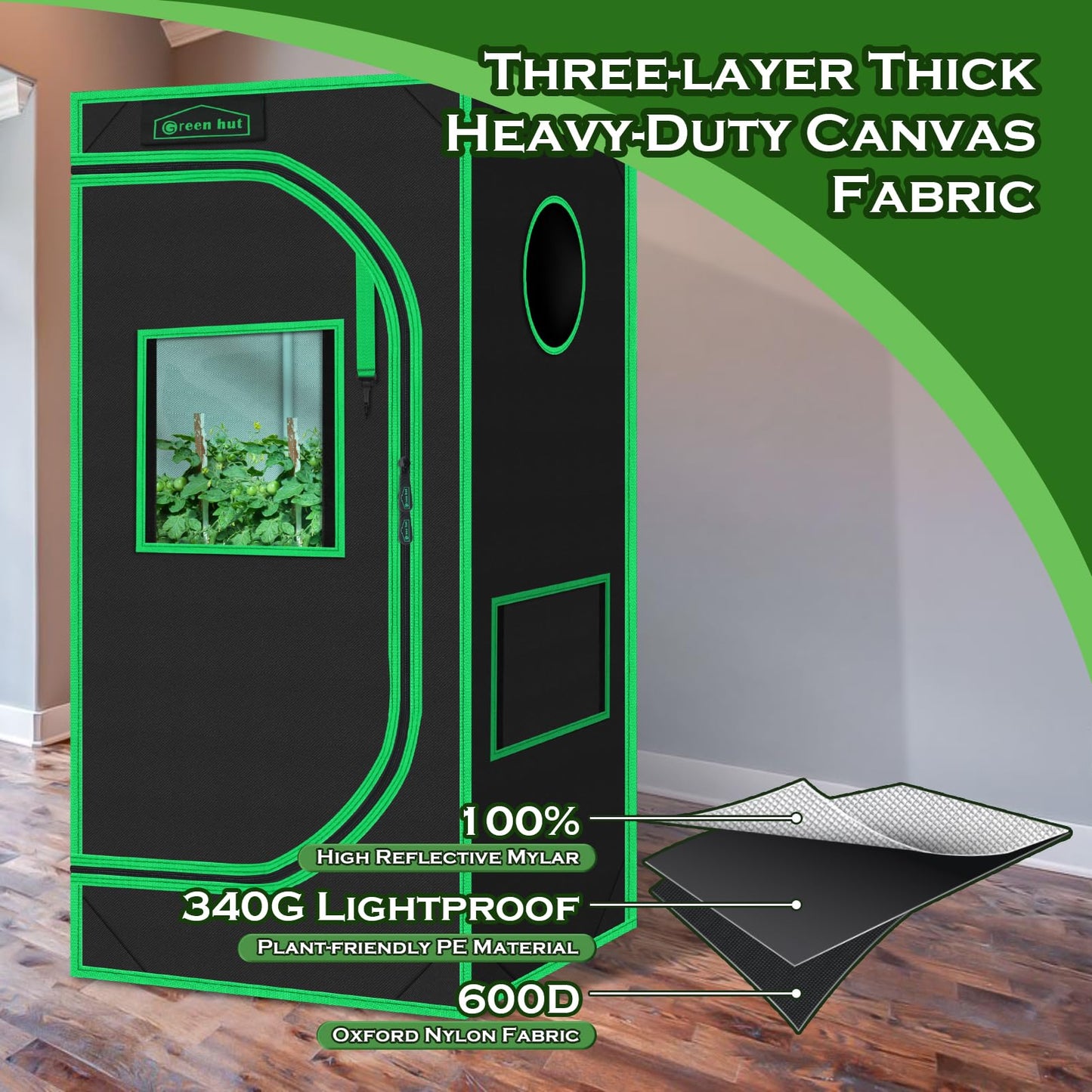 Green Hut Grow Tent 24"x24"x48" 600D Mylar Hydroponic Indoor Grow Tents with Observation Window, Removable Floor Tray and Tool Bag for Indoor Plant Growing 2x2