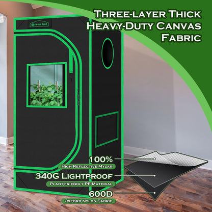 Green Hut Grow Tent 24"x24"x48" 600D Mylar Hydroponic Indoor Grow Tents with Observation Window, Removable Floor Tray and Tool Bag for Indoor Plant Growing 2x2