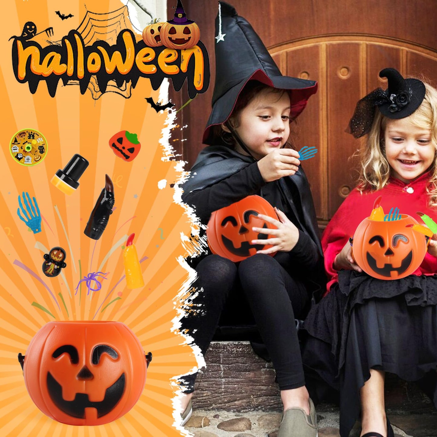 KPHNGB 240PCS Bulk Halloween Party Favors - 24 Pack Pre-filled Mini Pumpkin Buckets Set, Non-Candy Treats Toys & Goodie Bags Stuffers for Trick or Treat, Kids' Prizes