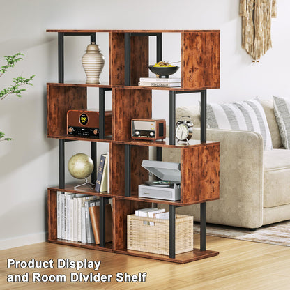 Furologee 5 Tier Bookshelf, S Shaped Geometric Bookcase, Narrow Freestanding Display Shelves, Modern Wood Decorative Storage Rack for Bedroom, Living Room, Home Office, Rustic Brown