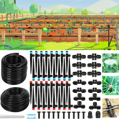 250FT Drip Irrigation System Kit, 50FT 1/2" Main Tube & 200FT 1/4" Tubing, Quick Connect Design, Brass Splitter, Adjustable Emitters & Misting Sprayers for Garden, Lawn, Raised Beds, Outdoor Plants