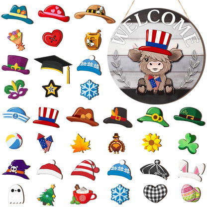 Vicenpal 35 Pcs Patriotic Interchangeable Highland Cow Welcome Sign 4th of July Highland Cow Seasonal Wooden Hanging Door Decor Farmhouse Hanging Sign for All Seasons Holiday Party Decor(Dark Gray)