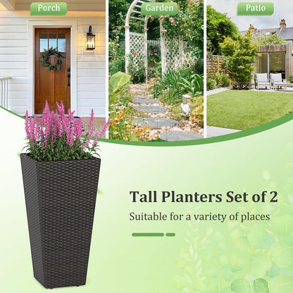 Giantex Set of 2 Outdoor Wicker Flower Pot, 30 Inch Tall Planters with Drainage System, PE Rattan Flower Pots, Indoor Outdoor Decoration for Front Porch Balcony Entryway, Dark Brown