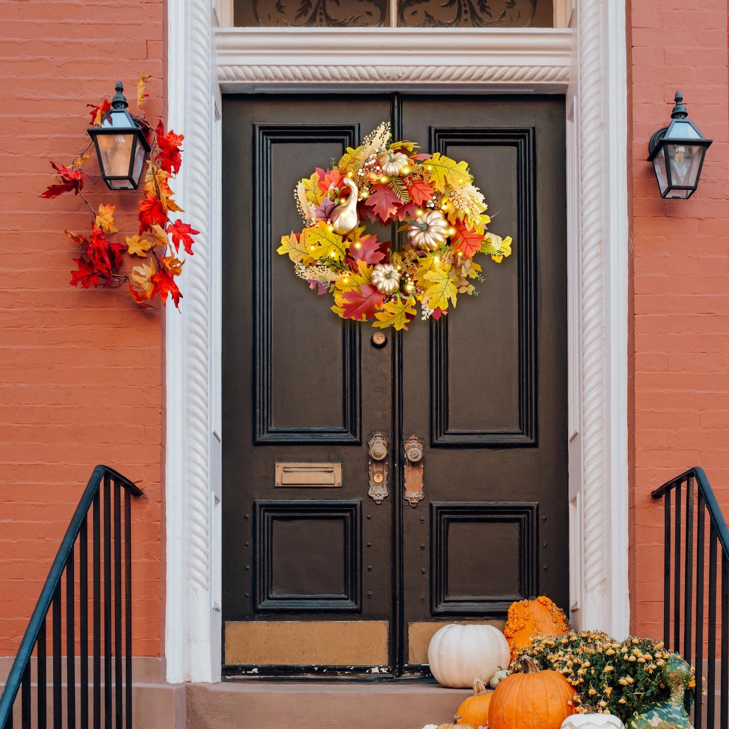 Fall Wreaths for Front Door,Sunflower Autumn Wreath with Lights,Pumpkins and Bows,for Thanksgiving Halloween Farmhouse Indoor Outdoor Outside (Golden Pumpkin)