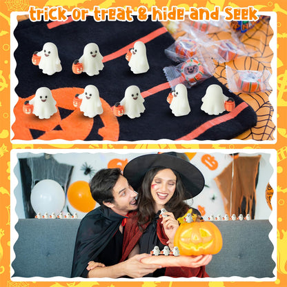 Simgoing 60 Pcs Halloween Mini Ghosts Figures Luminous Little Ghost Figures Glow in Dark Mini Statues Figurines to Hide and Seek Trick or Treat Gifts for Halloween Party Favors Dollhouse Toys