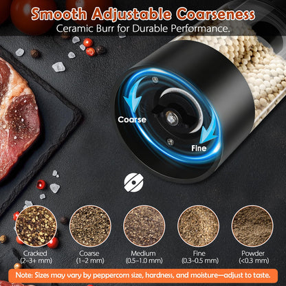 Hxro Electric Salt and Pepper Grinder, 120ml Capacity, 4 Level Timer, Salt and Pepper Mill with LED, USB Rechargeable, Adjustable Coarseness Grinder for Kitchen (2, Black&White Set)