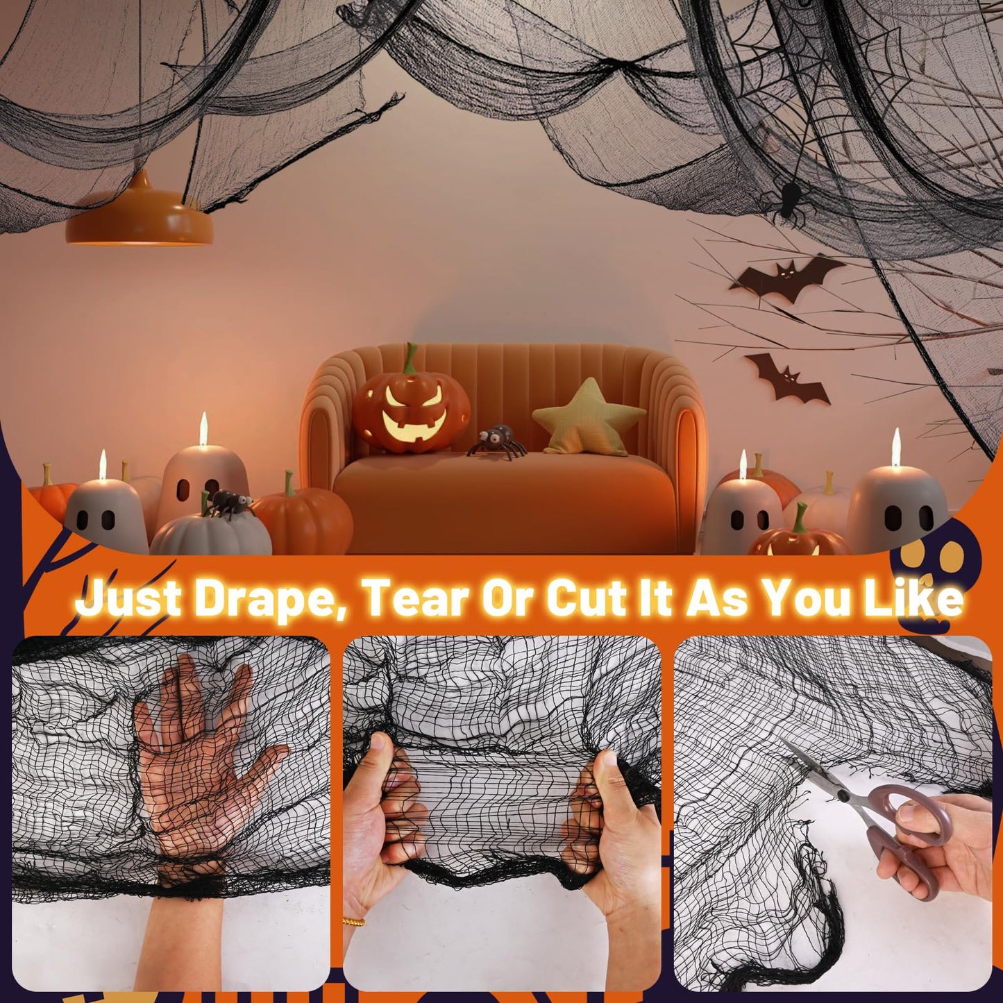 4 Pack Halloween Creepy Cloth Decorations, 30X72 Inch Black Scary Halloween Gauze Cloths, Spooky Cloth for Haunted House, Outdoor Patio, Garden, Halloween Indoor Wall Windows Black Cheesecloth Decor
