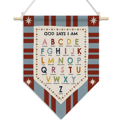 RUKUPA Christian Nursery Wall Art Decor, Alphabet Classroom Hanging Pennant Flag, God Says I Am Bible Verse Religious Wall Art Poster Hanger for Kids Room Bedroom Playroom Classroom Decor, 11x15 Inch