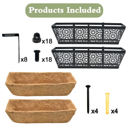 ZVOWOS Black Metal Railing Planter Window Box (2 Pack, 24 Inch) Horse Trough Planter with Coco Fiber Liner Deck Balcony Rail Planters for Porch Fence Patio Outdoor Garden Décor