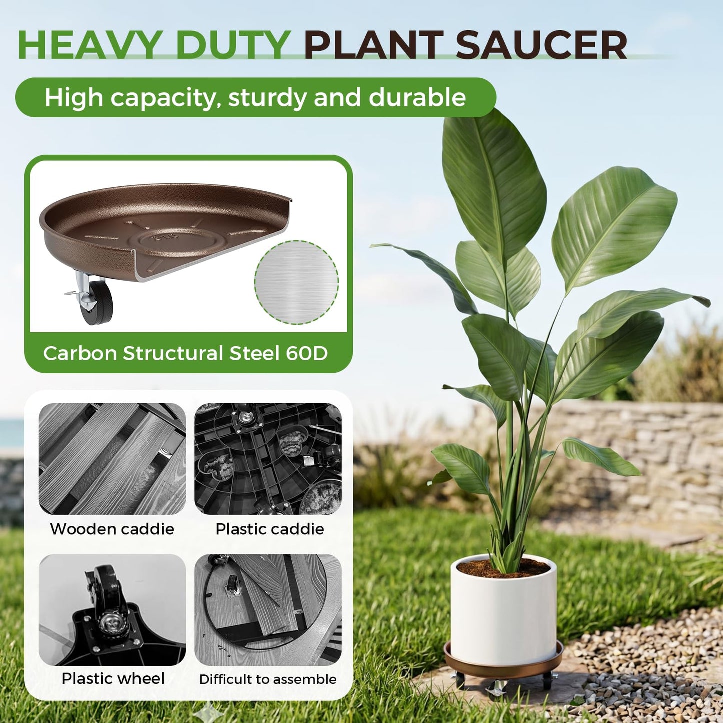 Parsagi Plant Saucer 12" Rolling Plant Caddy Rolling Plant Stand with Wheels – Heavy Duty Metal, Locking, Sturdy, Rust-Resistant Finish, and Easy to Move, 310 lb Capacity