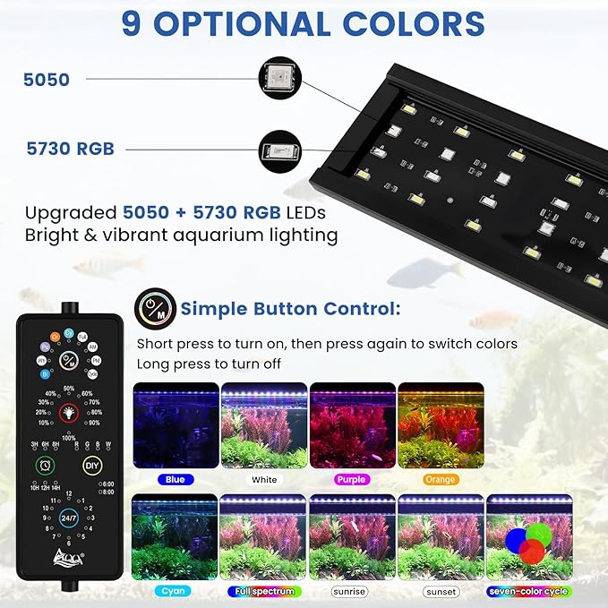 AQQA Aquarium Plant Light Full Spectrum LED Fish Tank Light IP68 Waterproof with 24/7 Natural Mode & DIY RGBW Mode, 9 Colors & 10-Level Brightness Adjustable, 6 Timer Settings for 18"-24" Tank (18W)