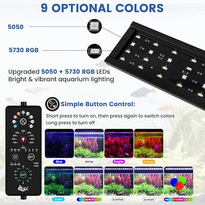 AQQA Full Spectrum Aquarium Plant Light LED Fish Tank Light IP68 Waterproof with 24/7 Natural Mode & DIY RGBW Mode, 9 Colors & 10-Level Brightness Adjustable, 6 Timer Settings for 12"-18" Tank (12W)