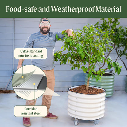 Rolling Metal Citrus Tree Planter Pot, 21″ Round Planter Box for Porch Patio & Backyard, 20 Gallon Large Planter Pot with Wheels for Growing Olive Trees Tomatoes Vegetables and Flowers, Olive Green