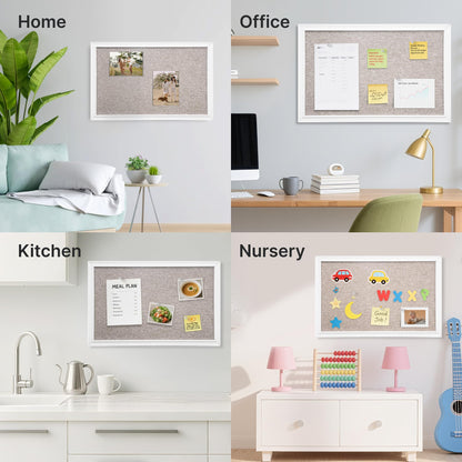 VUSIGN Linen Bulletin Board, 30'' x 20'' Large White Cork Board Decorations, Wall Mounted White Framed Cork Boards, Fabric Pin Boards for Walls with 10 Pushpins for Home, School, Office