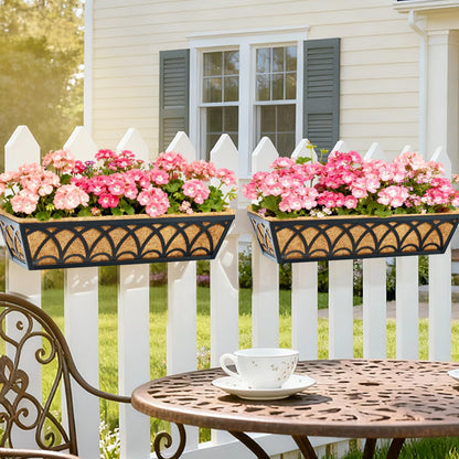 24 Inch Railing Planter Box Window Boxes Planters - 2 Pack Deck Railing Planter Boxes with Adjustable Brackets Coco Liners Balcony Planters Railing Hanging for Window Flower Boxes Outdoor Garden Decor