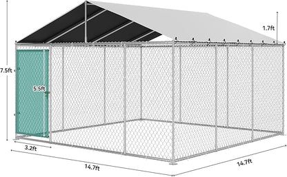 YITAHOME 14.8'x14.8' Large Outdoor Dog Enclosure with Metal Dog Gate, Dog Kennel Outside with Roof, Dog Fence Outdoor for Yard
