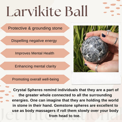 Jet Larvikite Crystal Ball 50-55 mm – Natural Healing Stone Sphere for Meditation, Reiki, Energy Balancing, Home Décor, Protection & Spiritual Growth