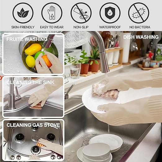 DABOGOSA Mamison 2 Pairs Reusable Waterproof Household Dishwashing Cleaning Rubber Gloves, Non-Slip Kitchen Glove (Ivory, Medium (Pack of 2))