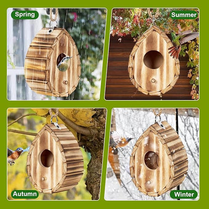 NATUREYLWL Hummingbird House for Outside - Natural Wooden Birdhouse for Bluebirds, Finches, Cardinals - Small Hanging Bird Nesting Box for Garden, Patio, or Yard - 5.9" D x 4.1" W x 3.8" H