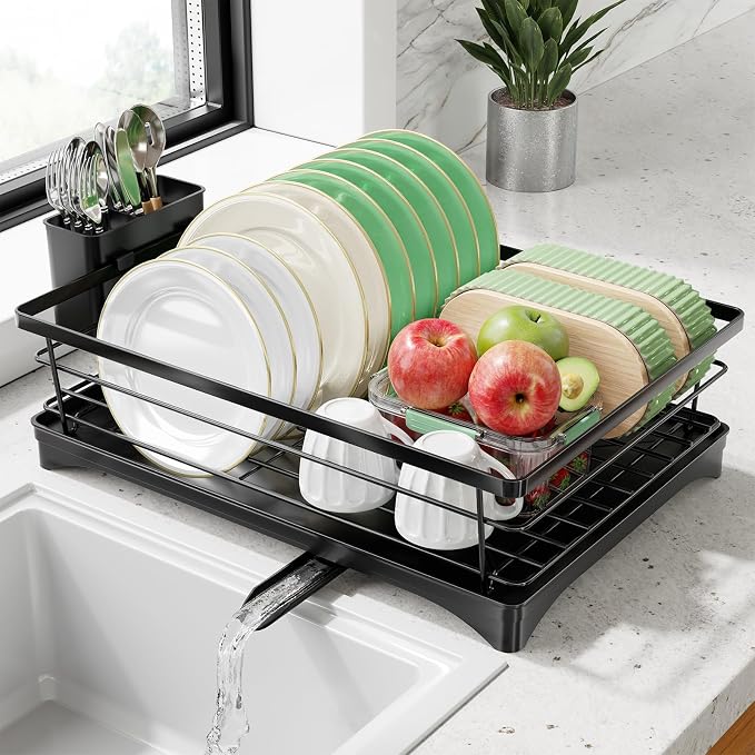 Simple Trending Dish Drying Rack, Space-Saving Dish Rack for Kitchen Counter, Stainless Steel Dish Drainer with Cutlery Holder and Drainboard, 12''W x 17''L, Black