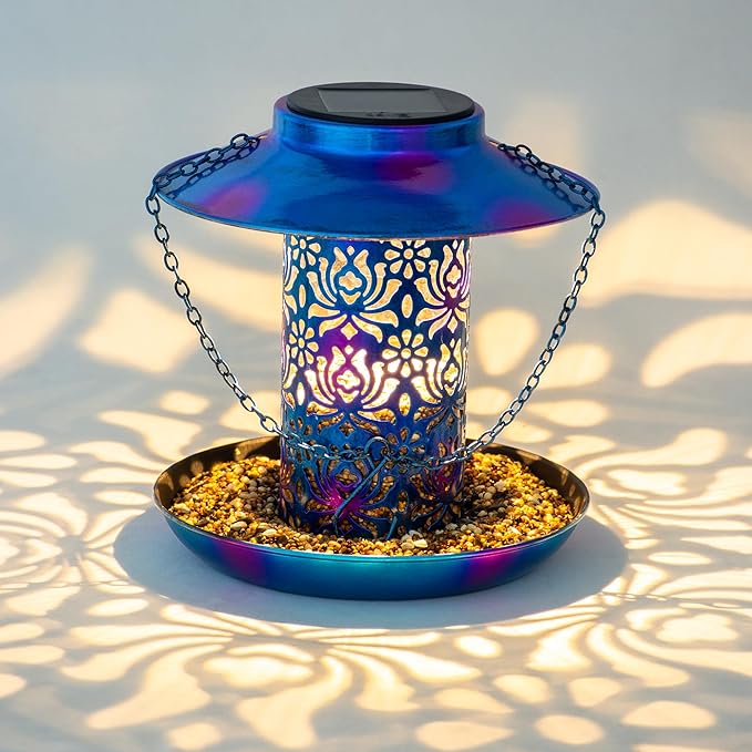 Ottsuls Solar Bird Feeder for Outdoors Hanging, Metal Wild Cardinals Garden Lantern with S Hook, Weatherproof and Water Resistant Birdfeeders as Gift Idea for Women Mom Grandma Bird Lovers (Blue)