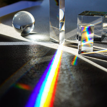 QFkris 6 Pack K9 Optical Crystal Photography Prism Set, Include 50mm Crystal Ball, Cube,Optical Pyramid, 50mm & 150mm Triangular Prism,60mm Dome Magnifying with Cloth for Teaching, Playing