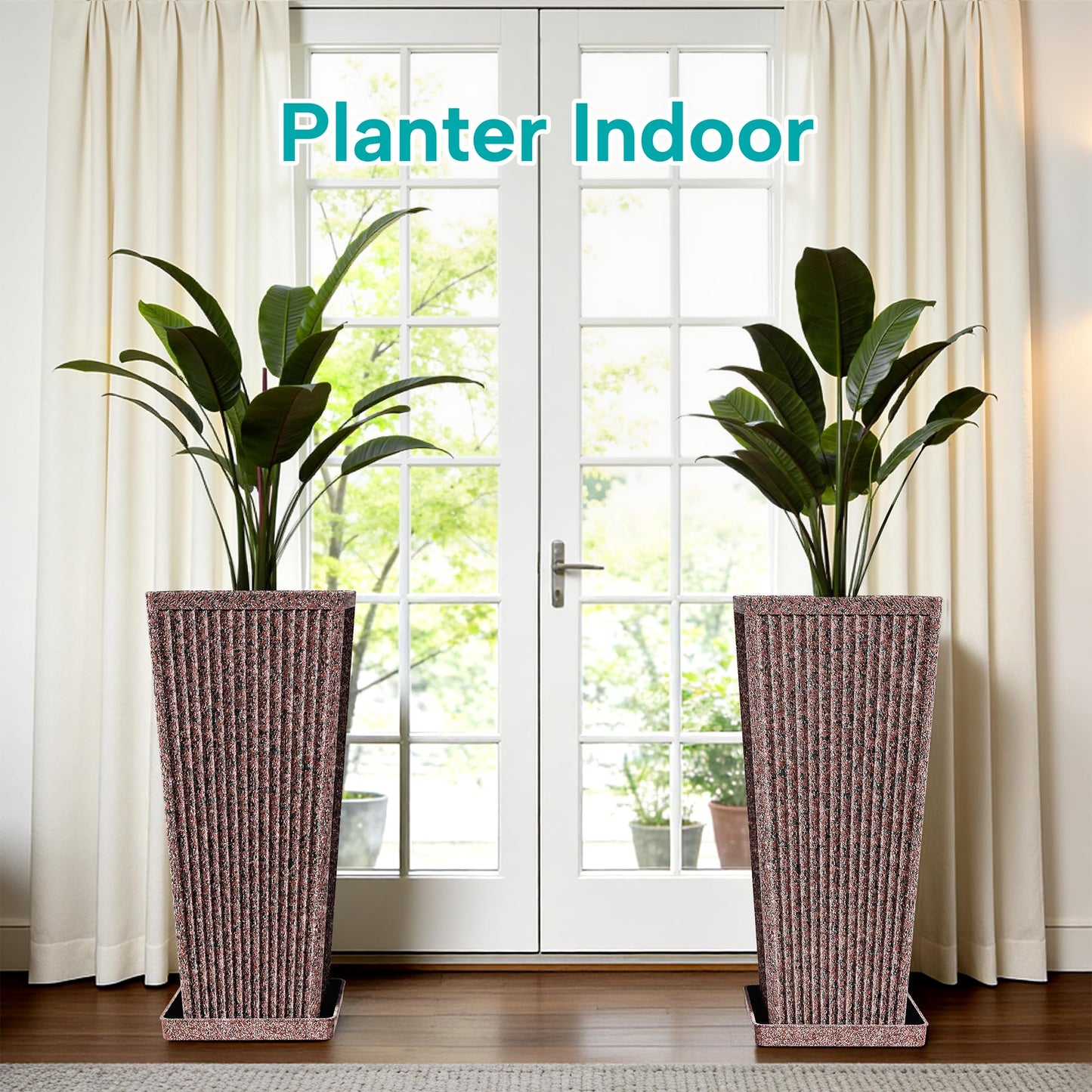 Diyfire Taper Tall Planters for Outdoor Plants Set of 2, 24 Inch Faux Stone Large Outdoor Planters for Porch with Drainage Tray Saucers & Holes, Fluted Tall Indoor Flower Pots for Patio Balcony, Brown