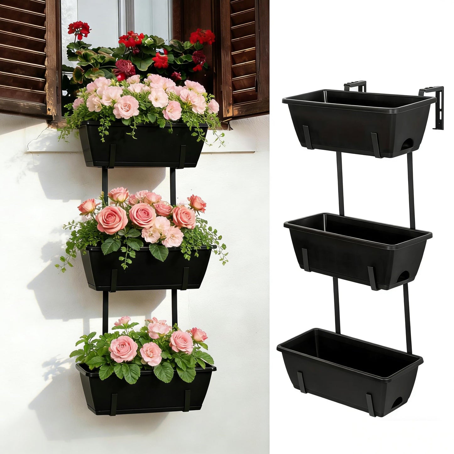 OYEAL Railing Planter Box 3 Tier Vertical Window Boxes Planter Outdoor with Adjustable Brackets & Rectangular Flower Pots Deck Railing Hanging Flower Pots for Patio, Lawn, Porch, Balcony Decor, Black