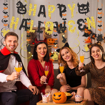 SHERONV Halloween Party Decorations, Black Gold Glitter Happy Halloween Banner, Pumpkin Ghost Bats Decorations, Hanging Swirls for Home Office Indoor Outdoor Party Event Decors