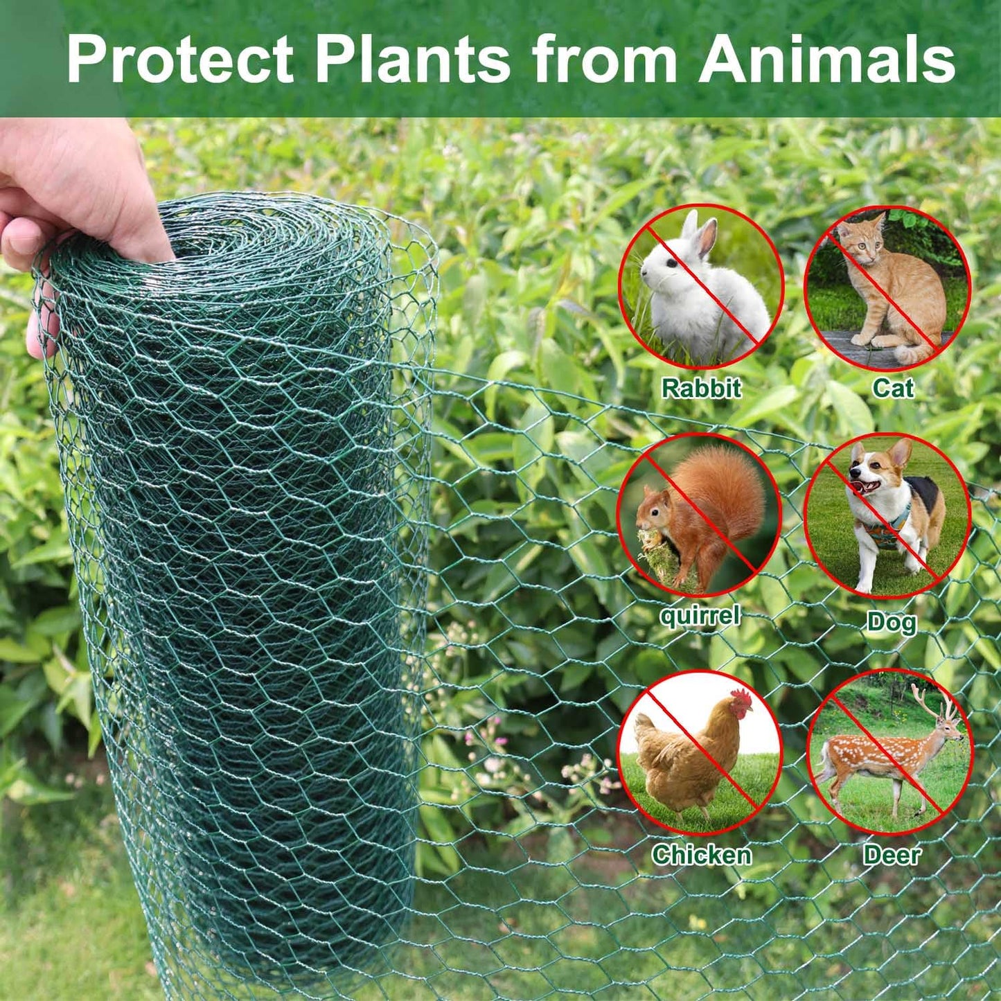 32.8Ft x 16In Plant Protectors from Animals, Wire Plant Protector Cage, Metal Chicken Wire Fence for Garden Plant Protection Guards from Rabbits Squirrel Deer, with Stakes, Zip Ties, Gloves & Pliers