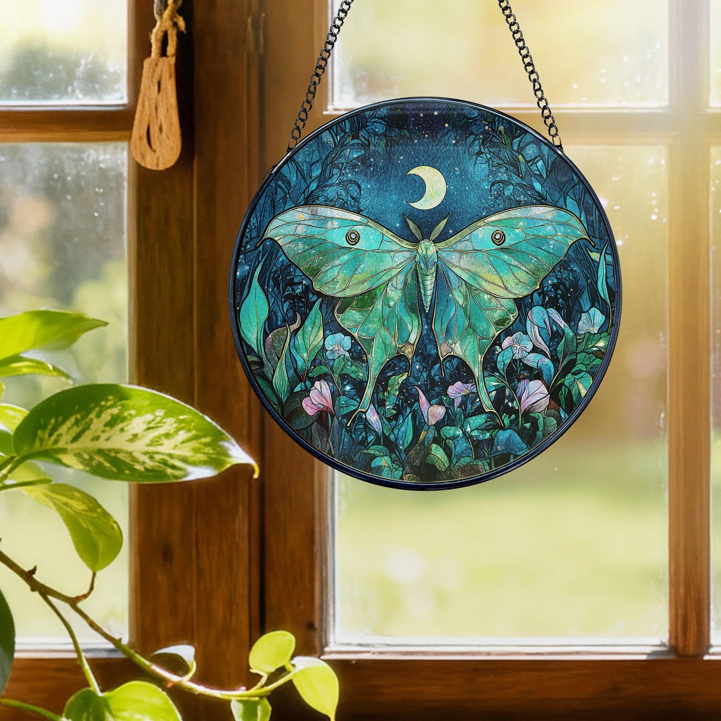 MORDMODUCK Luna Moth Flower Stained Glass Window Hanging, Green Moth Butterfly Suncatchers, Butterfly Wildflower Sun Catchers Indoor Window Glass Wall Art Hanging Decorations, 7.9x7.9in