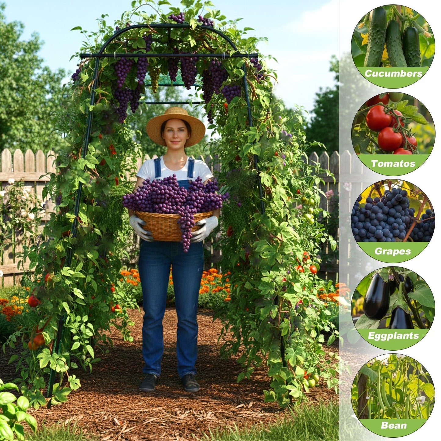 7Ft Garden Arch Trellis for Climbing Plants Outdoor, Heavy Duty Coated Metal Cucumber Trellis for Raised Beds, Tall Steel Gardening Arbor for Vegetables, Tomatoes, Grape, Bean (83’’ x 49’’ x 63’’)
