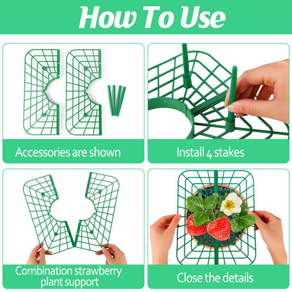 NODMIPNS 4 Sets Strawberry Plant Support with Mesh Cover - Square Gardening Frame, Animal Barrier, Iron Stakes & Storage Bag for Healthy Strawberries, Tomatoes, Veggies (Green) (4 pcs)
