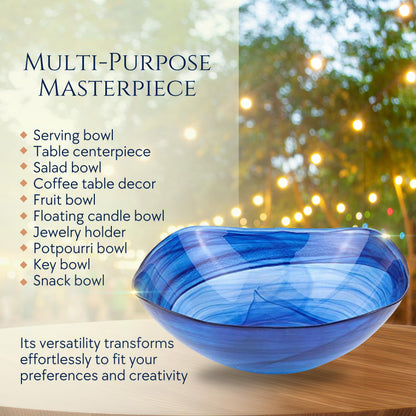Badash Decorative Glass Serving Bowl, Alabaster Glass Centerpiece Fruit Bowl, Home Décor Table Accent Bowl, 10” Diameter, Cobalt Blue