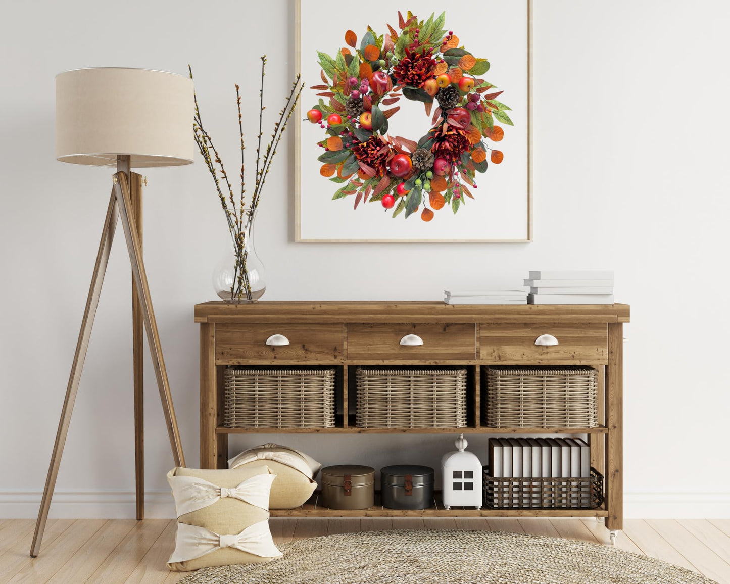 Svndlyn 22 Inch Fall Chrysanthemum Wreath Harvest Floral Wreath with Apples Pinecones Berries and Eucalyptus Maple Leaves for Fall Thanksgiving Halloween Mantel Table Outdoor Front Door Wall Window